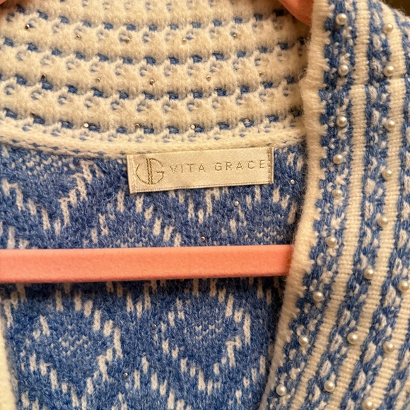 NWT Vita Grace Blue and White Patterned Women’s Cardigan Sweater - Picture 4 of 6